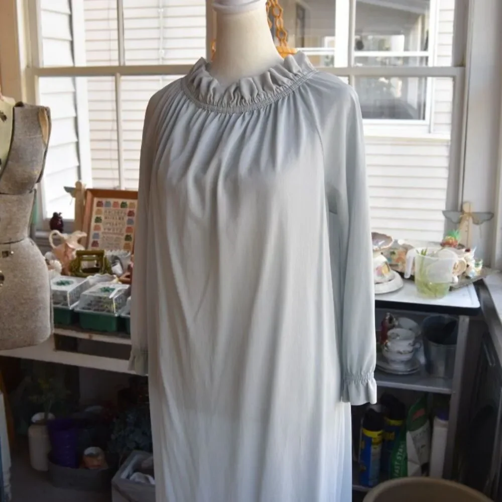 Vintage 70s Blue Prairie Nightgown Maxi Dress Ruffle Collar Boho L XL